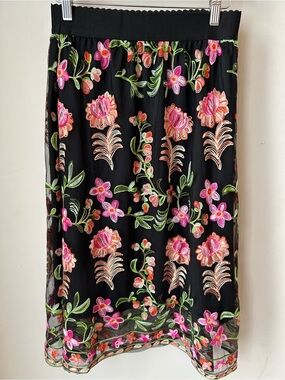 Magic XL Black Embroidered Floral Mesh Midi Skirt Boho Fairycore Whimsygoth